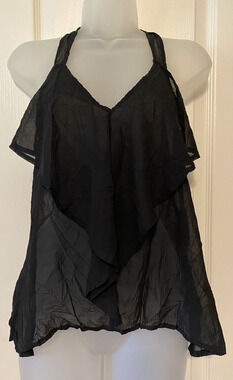 NWT On twelfth Women's Black Sheer Racerback Waterfall Ruffle Blouse Size Small